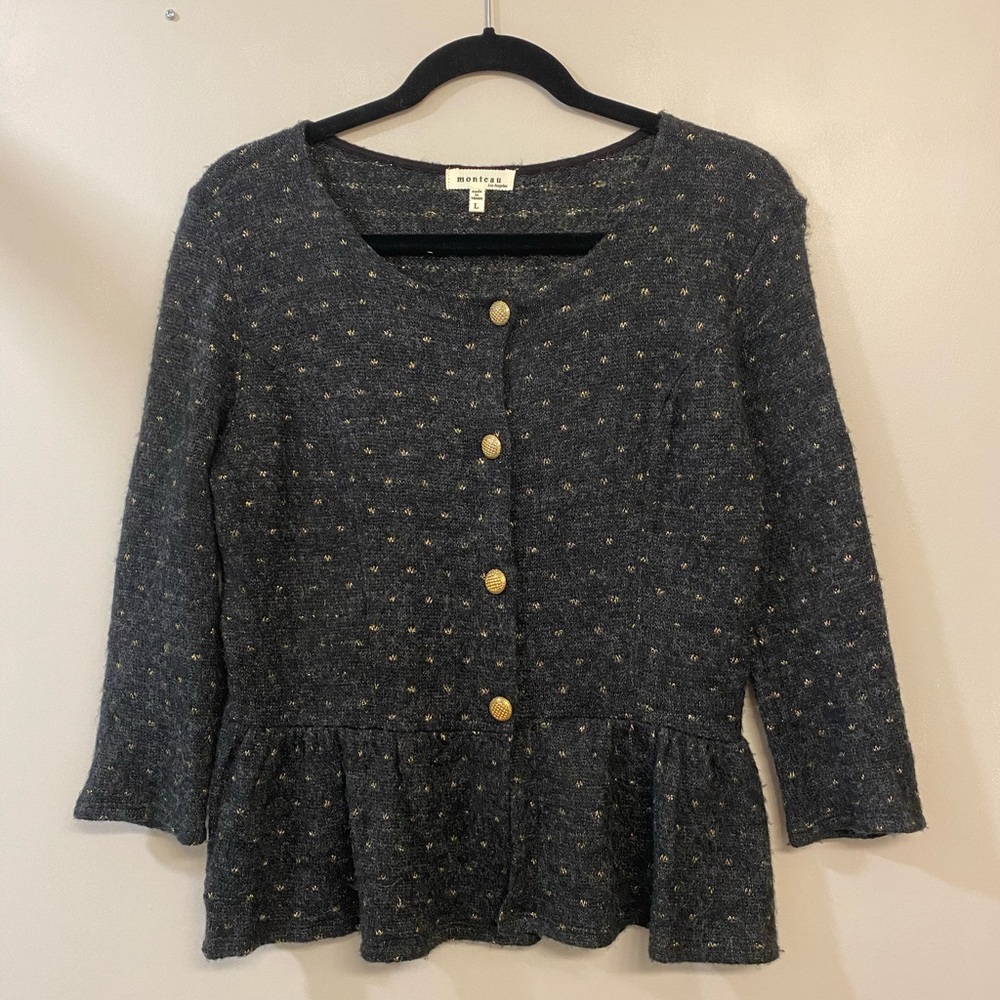 Monteau grey wool cardigan with gold metallic dots size large